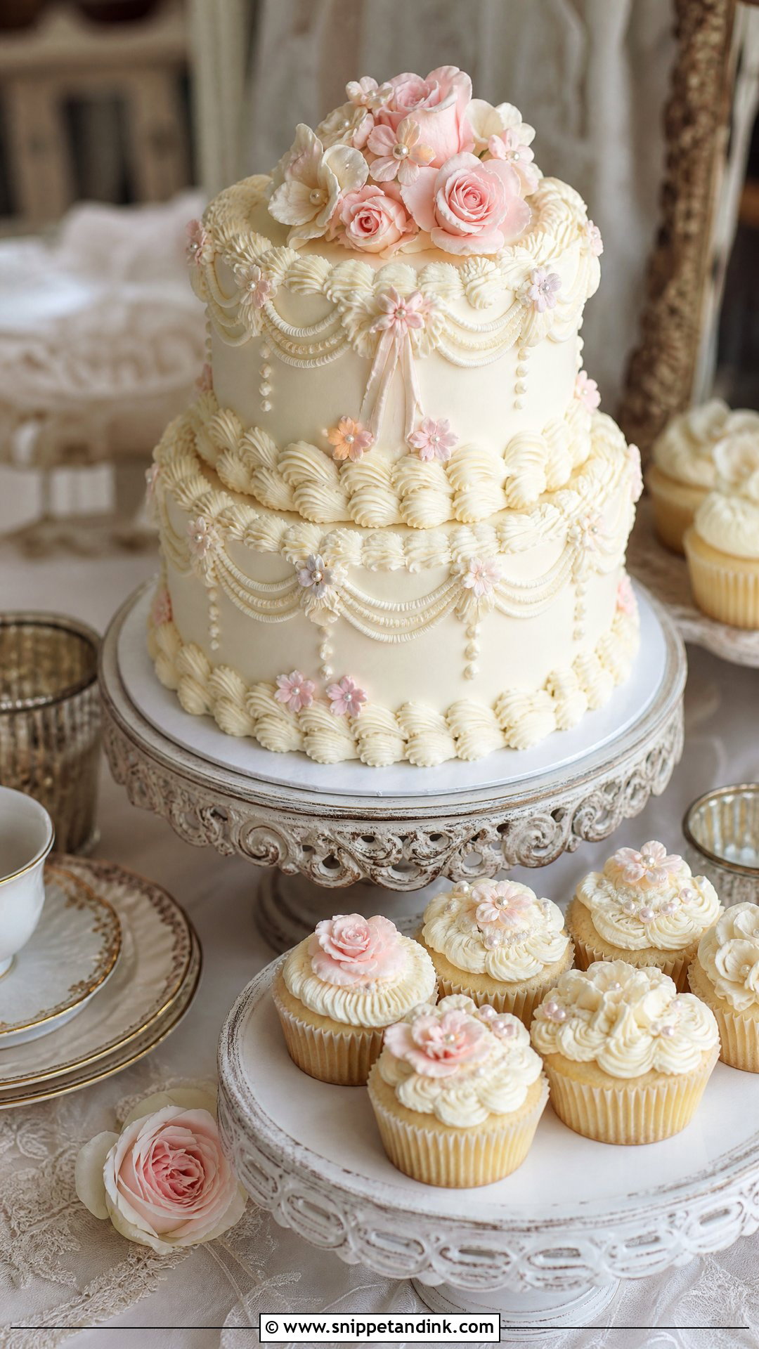 Vintage Wedding Cake With Cupcakes - Snippet and Ink - 20 Wedding Cakes with Cupcakes