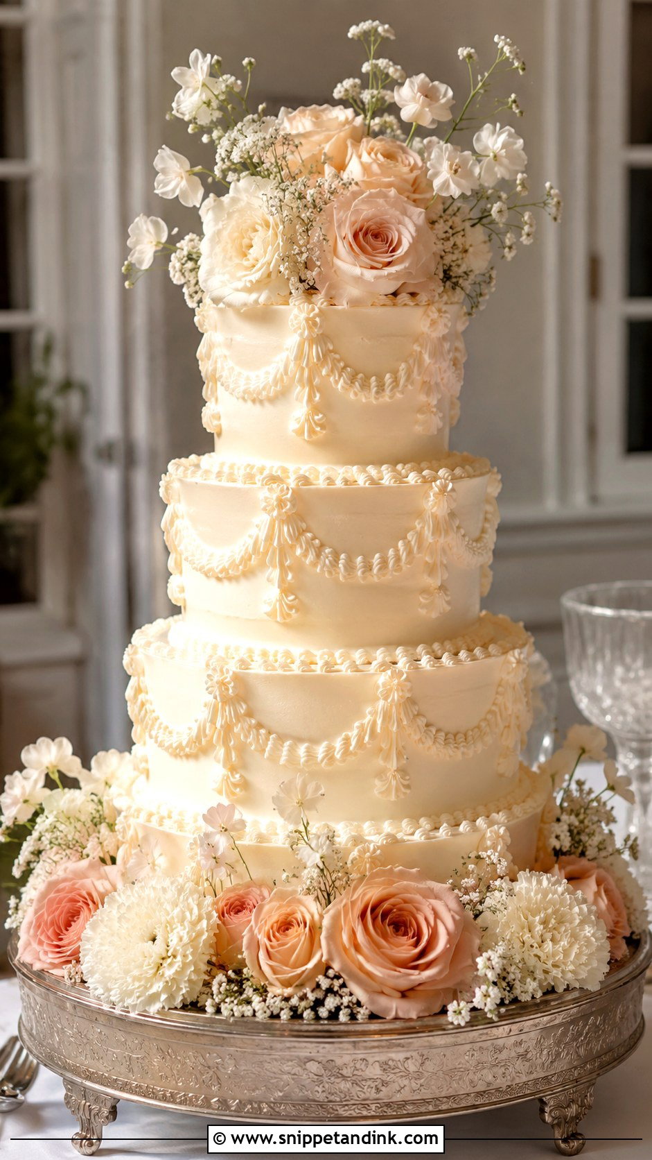 Vintage Wedding Cake With Flowers Around - Snippet and Ink - 20 Flowers Around Cake Ideas for Wedding