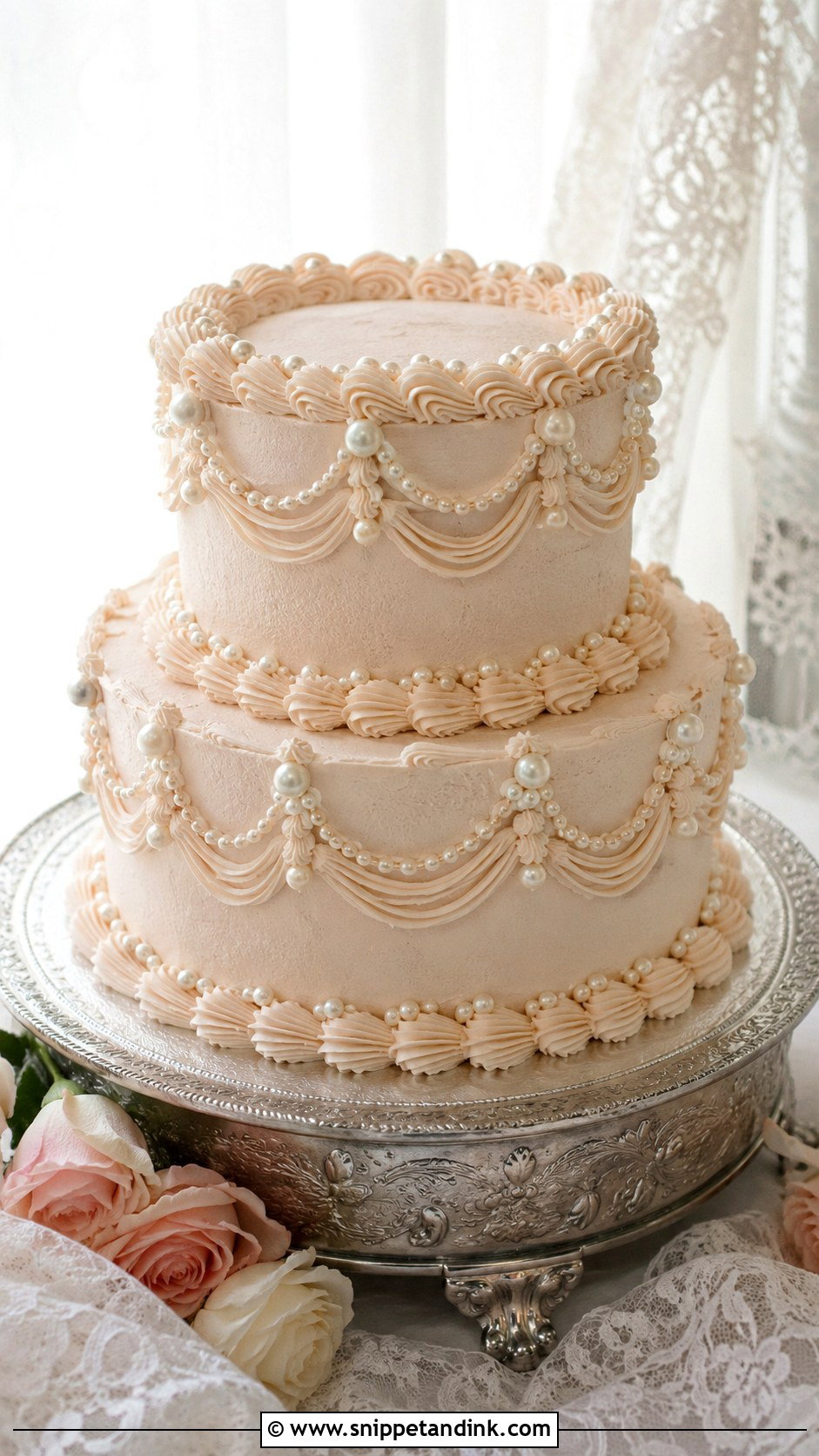 Vintage Wedding Cake With Pearls - Snippet and Ink - 25 Simple Wedding Cake Decoration Ideas