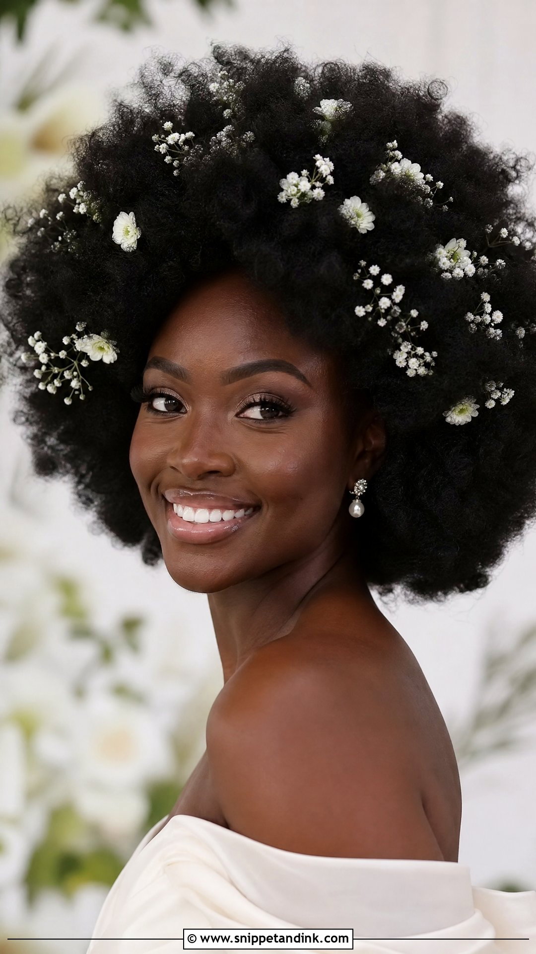 Voluminous Afro With Floral Accents - Snippet and Ink - 30 Natural Hair Bride Ideas