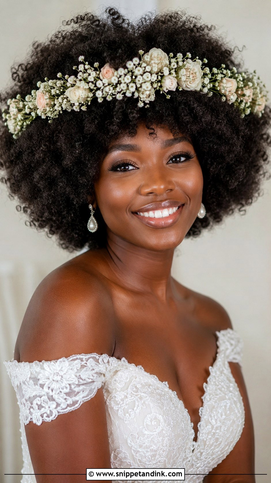 Voluminous Afro With Floral Crown - Snippet and Ink - 25 Afro Wedding Hairstyles