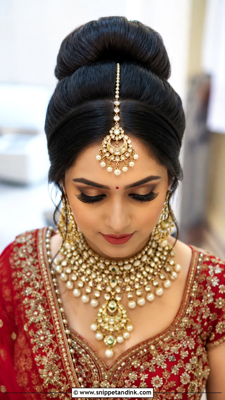 Voluminous Bun With Maang Tikka - Snippet and Ink - 30 Indian Bridal Hairstyles