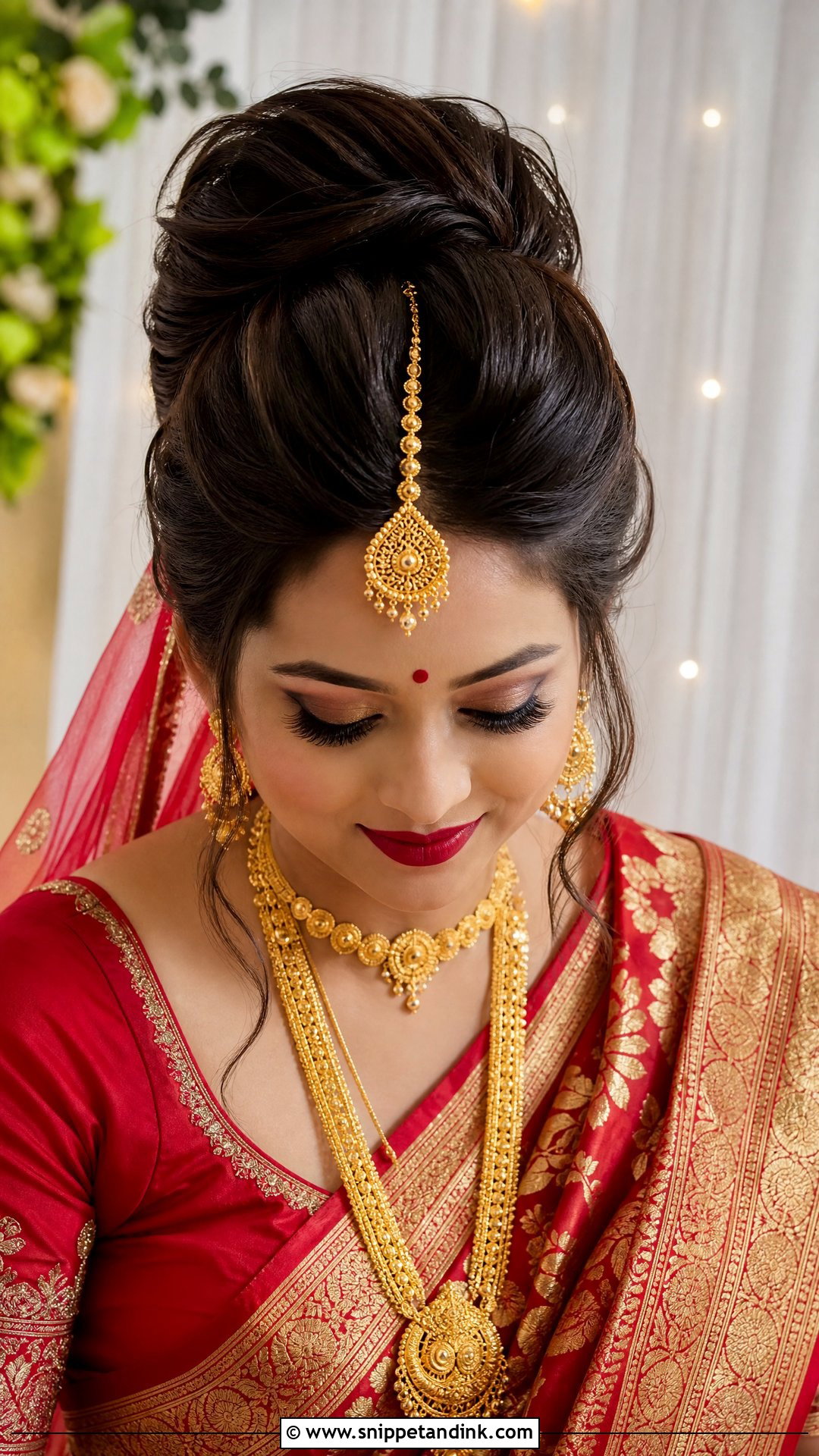 Voluminous Bun With Maang Tikka - Snippet and Ink - 20 Bengali Bridal Hairstyle Ideas