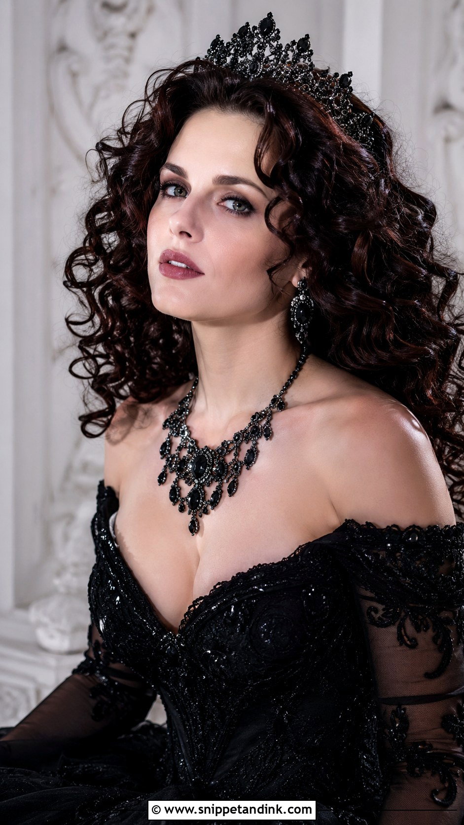 Voluminous Curls With Black Tiara - Snippet and Ink - 25 Goth Wedding Hair Ideas