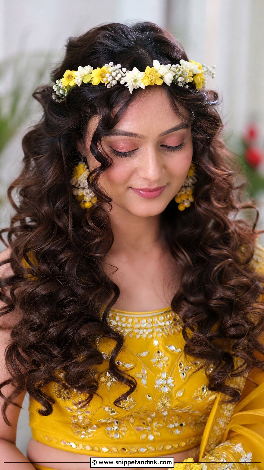 Voluminous Curls With Floral Tiara - Snippet and Ink - 20 Haldi Bridal Hairstyle Ideas