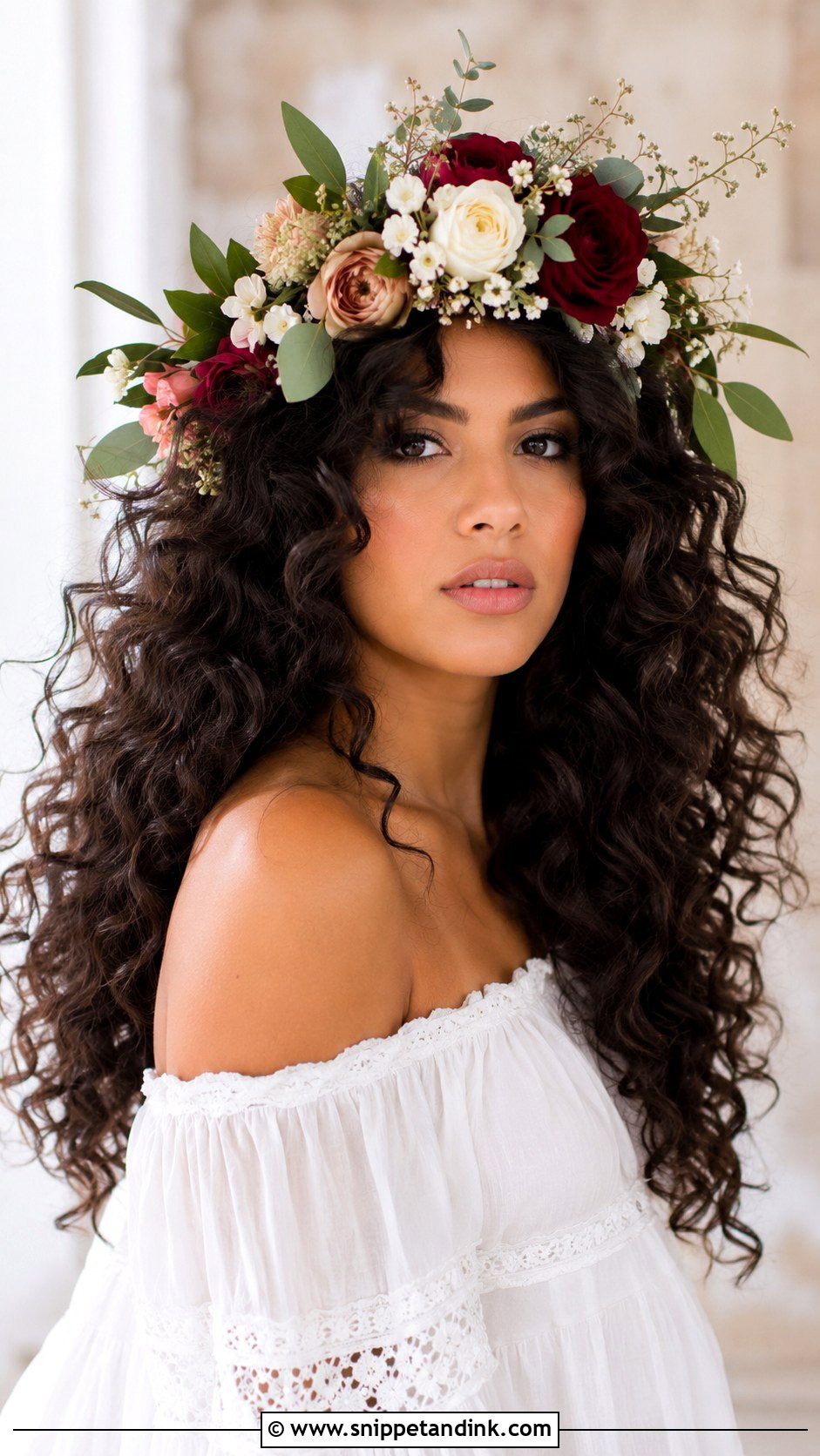 Voluminous Curls With Flower Crown - Snippet and Ink - 25 Curly Hair Bride Hairstyles