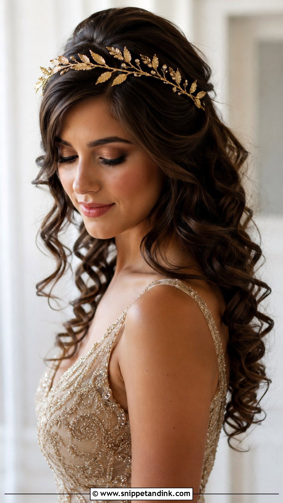 Voluminous Curls With Gold Leaf Crown - Snippet and Ink - 20 Wedding Hair with Crown Ideas