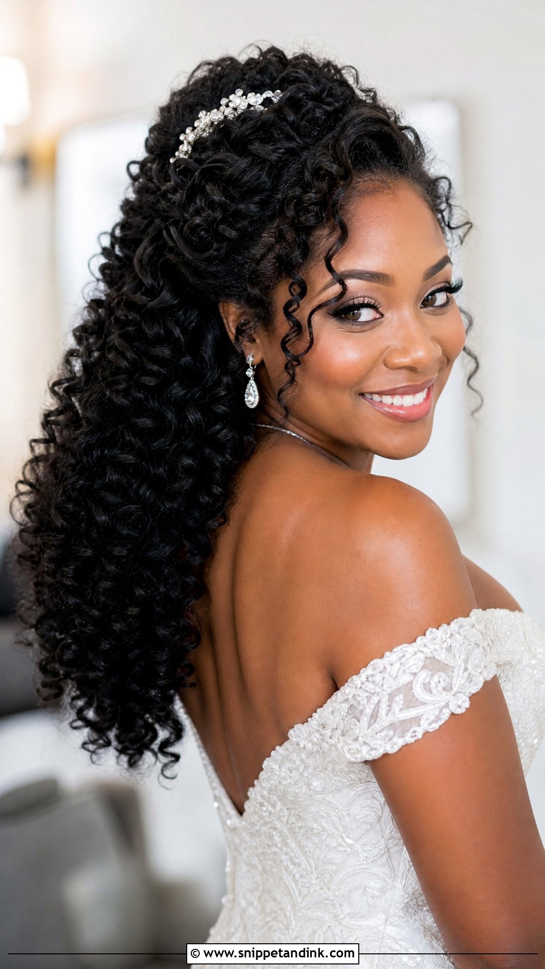 Voluminous Curly Half Up for Dark Hair - Snippet and Ink - 20 Dark Hair Wedding Hairstyles Brides