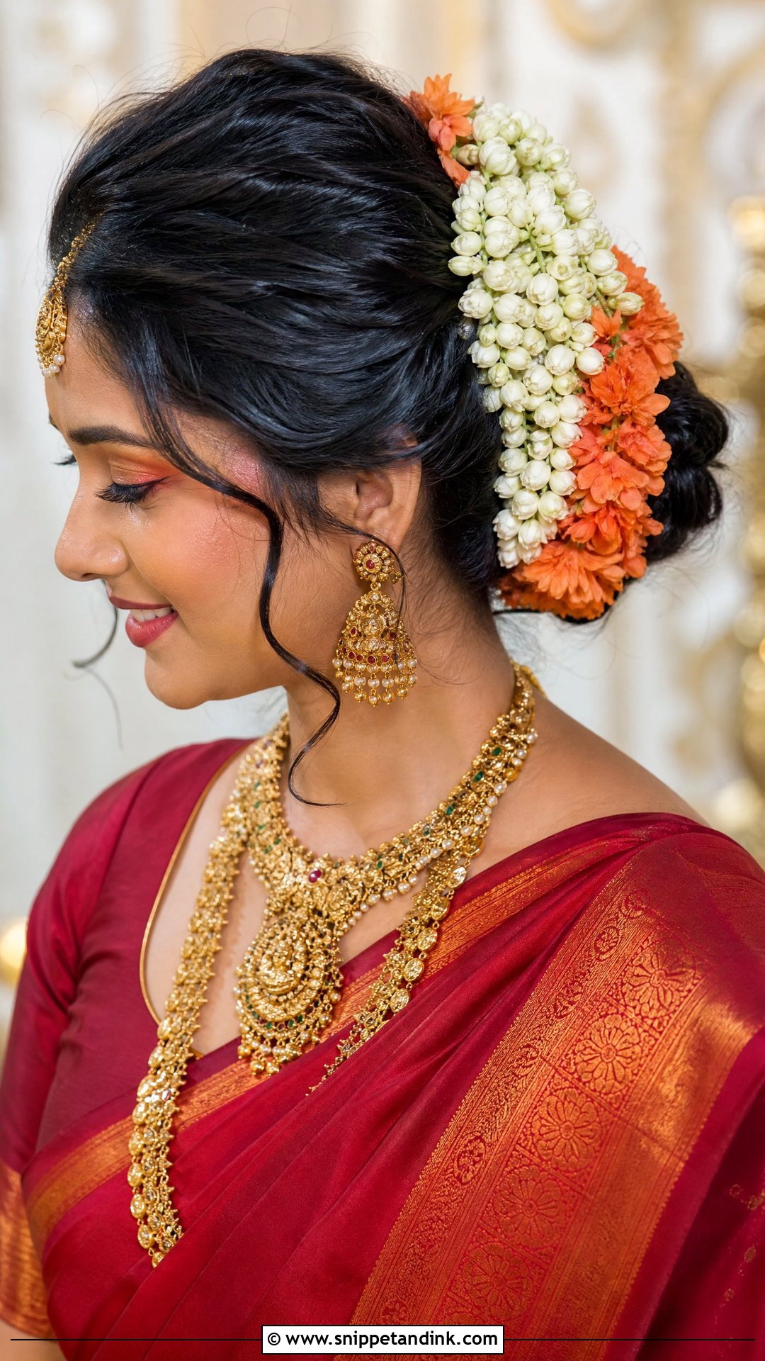 Voluminous Updo With Fresh Blooms - Snippet and Ink - 20 Bridal Muhurtham Hairstyle Ideas