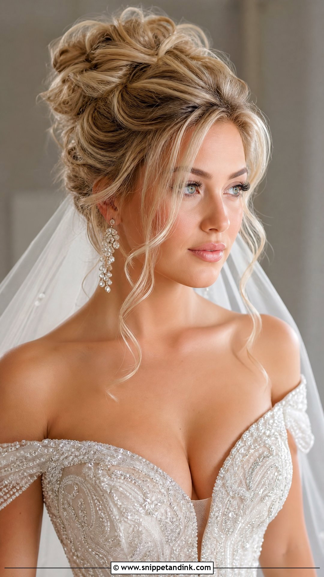 Voluminous Updo With Tendrils for Round Face - Snippet and Ink - 20 Round Face Bride Hairstyle Ideas