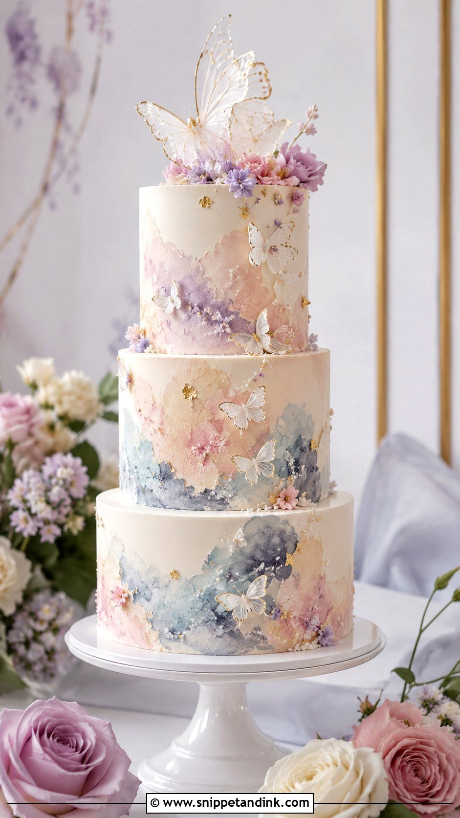 Watercolor 3 Tier Butterfly Wedding Cake - Snippet and Ink - 20 3 Tier Butterfly Cake Ideas for Wedding