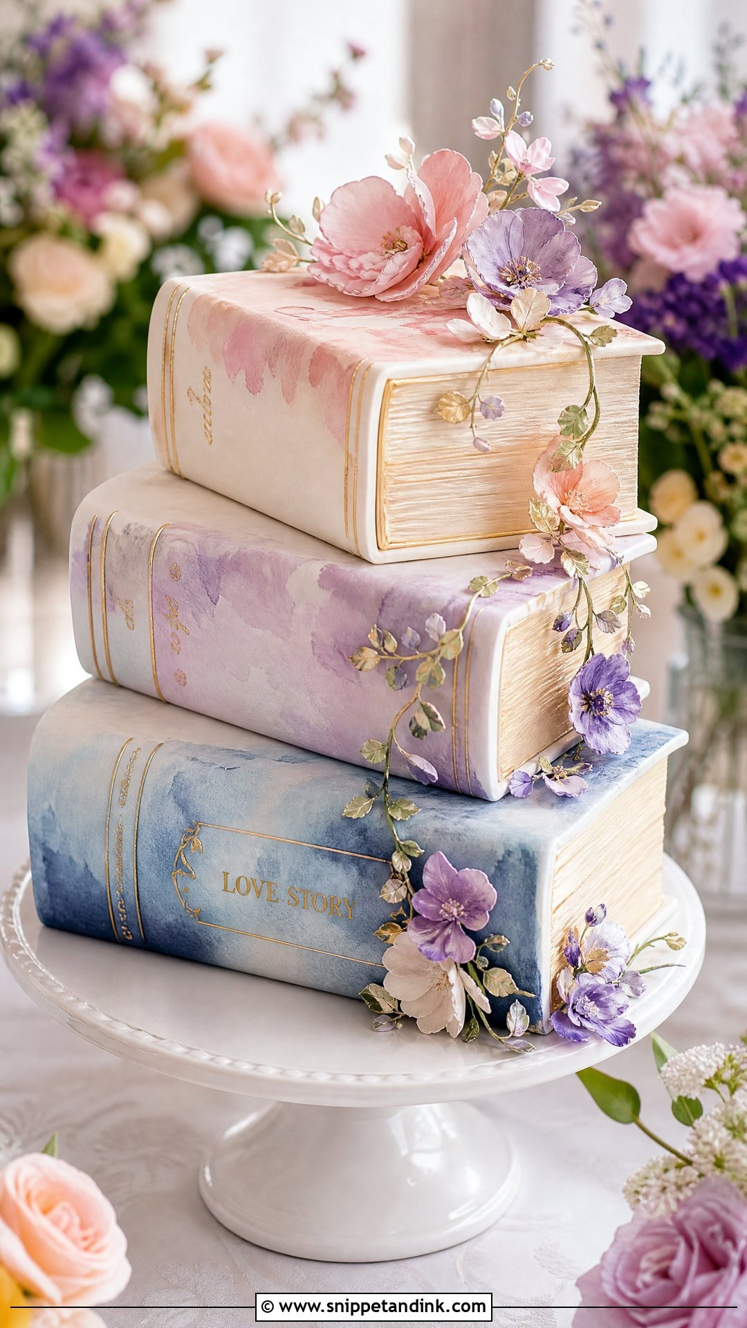 Watercolor Book Wedding Cake - Snippet and Ink - 25 Book Theme Cake Ideas for Wedding