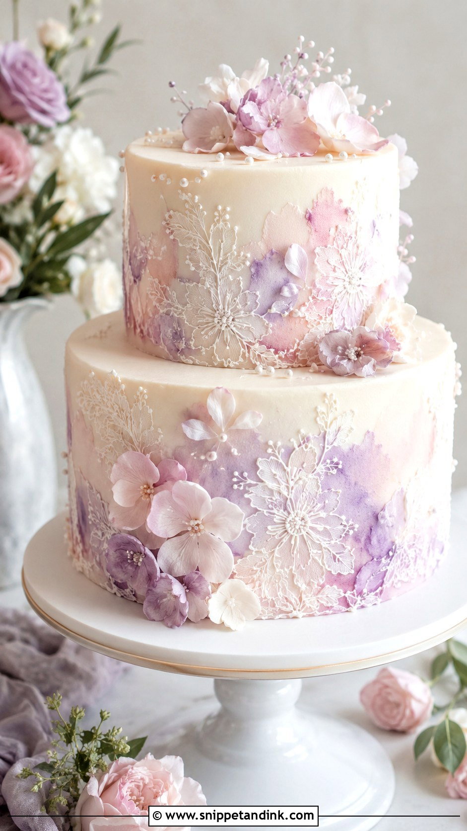 Watercolor Embroidery Wedding Cake - Snippet and Ink - 20 Embroidery Cake Design Ideas for Wedding
