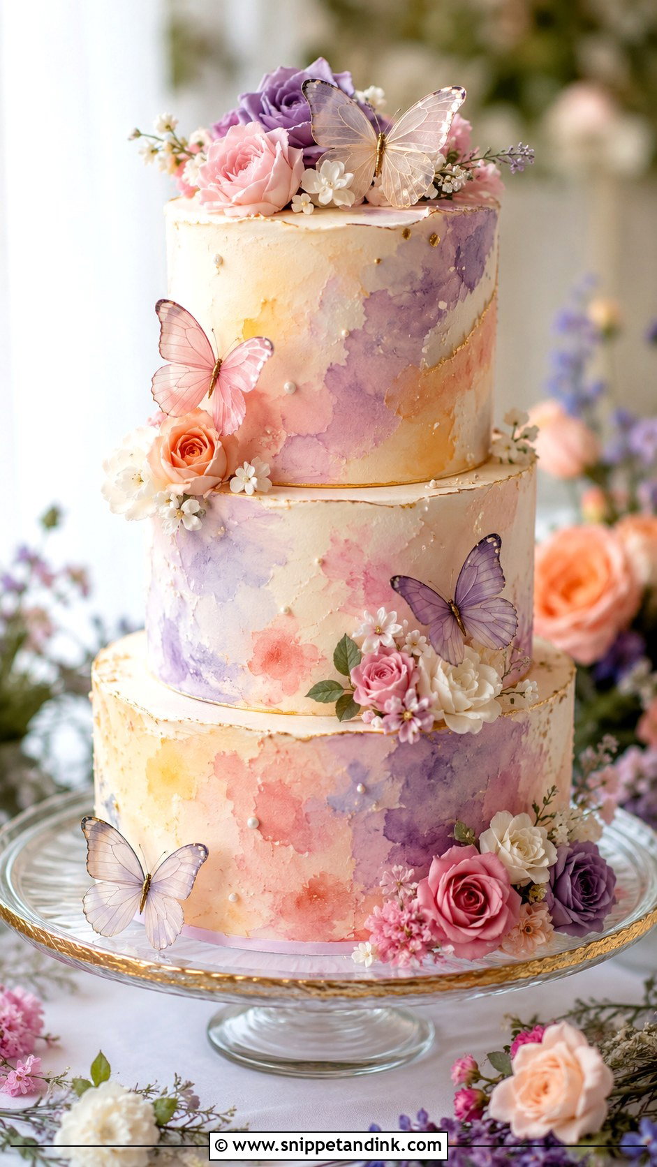 Watercolor Flower Butterfly Wedding Cake - Snippet and Ink - 20 Flower Butterfly Cake Ideas for Wedding