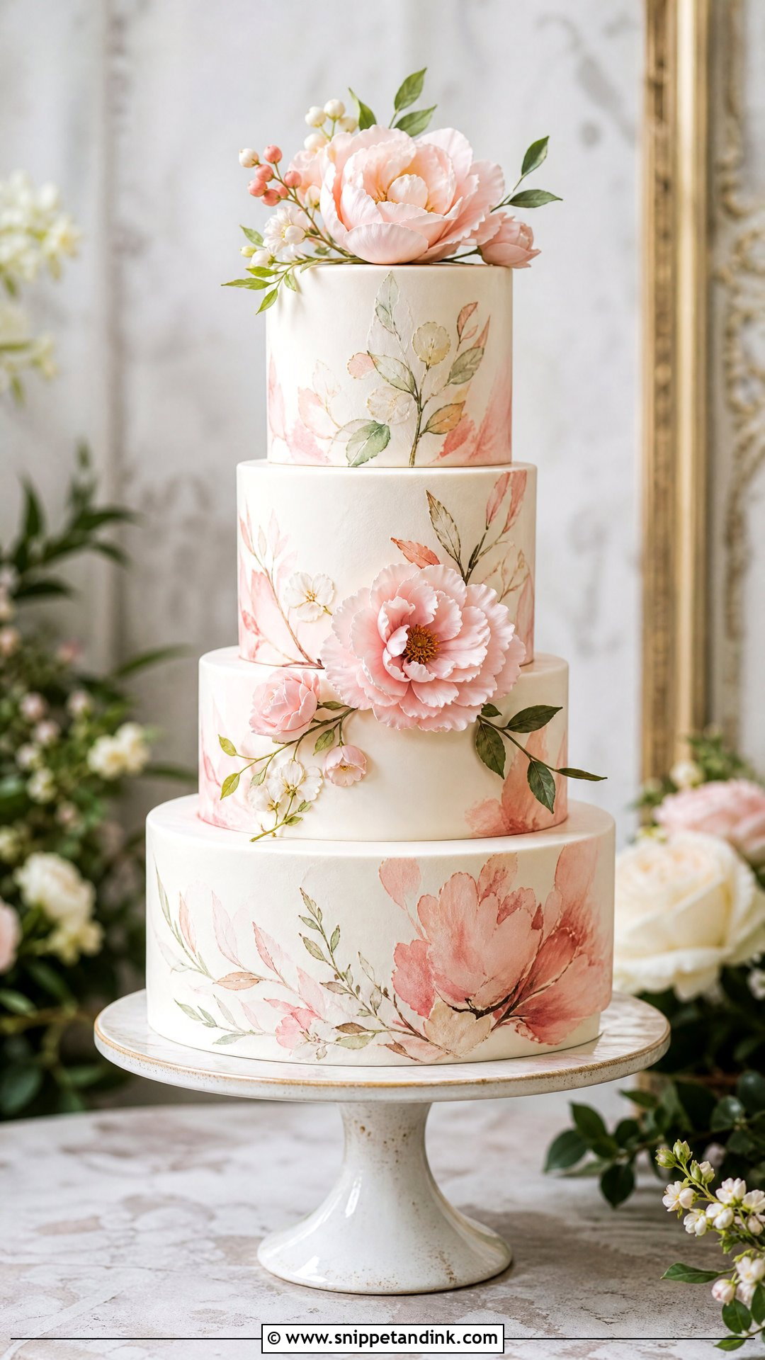 Watercolor Peony Wedding Cake - Snippet and Ink - 25 Peony Cake Ideas for Wedding