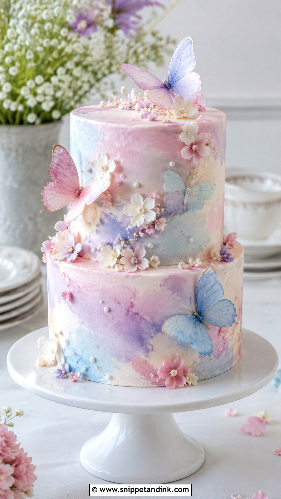 Watercolor Two Tier Butterfly Wedding Cake - Snippet and Ink - 20 Two Tier Butterfly Cake Ideas for Wedding