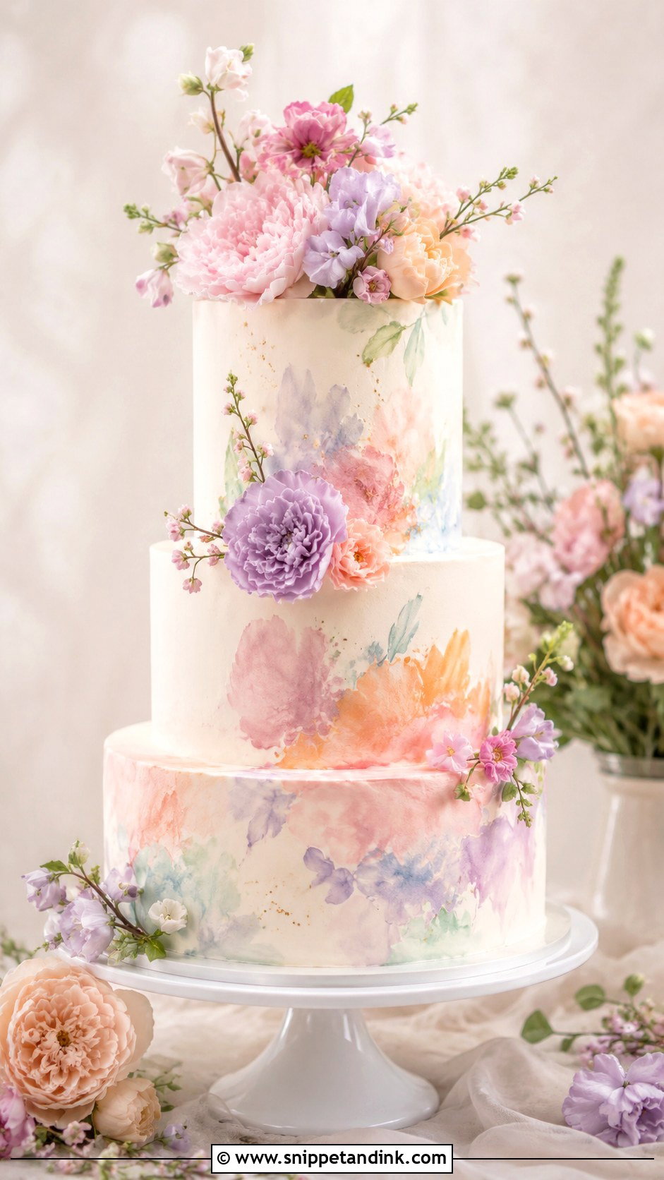 Watercolor Wedding Cake With Pastel Flowers - Snippet and Ink - 20 Wedding Cake Ideas with Pastel Flowers