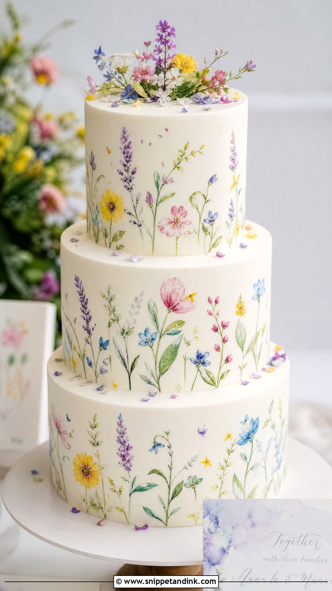 Watercolor Wildflower Wedding Cake - Snippet and Ink - 20 Wildflower Wedding Cake Ideas