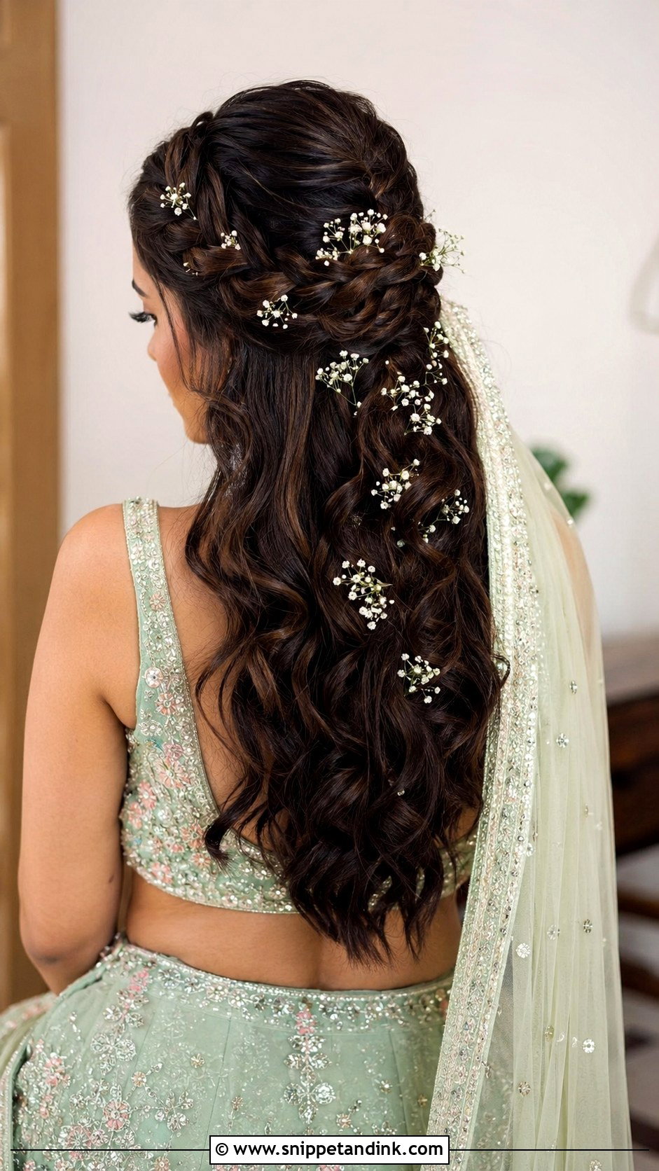 Waterfall Braid Bridal Hairstyle With Dupatta - Snippet and Ink - 20 Indian Bridal Hairstyles with Dupatta