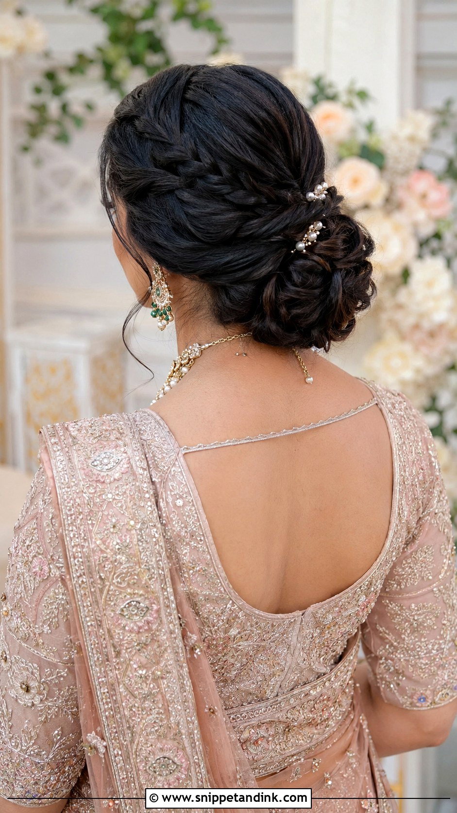 Waterfall Braid Bun for Reception - Snippet and Ink - 20 Indian Wedding Waterfall Hairstyle Ideas