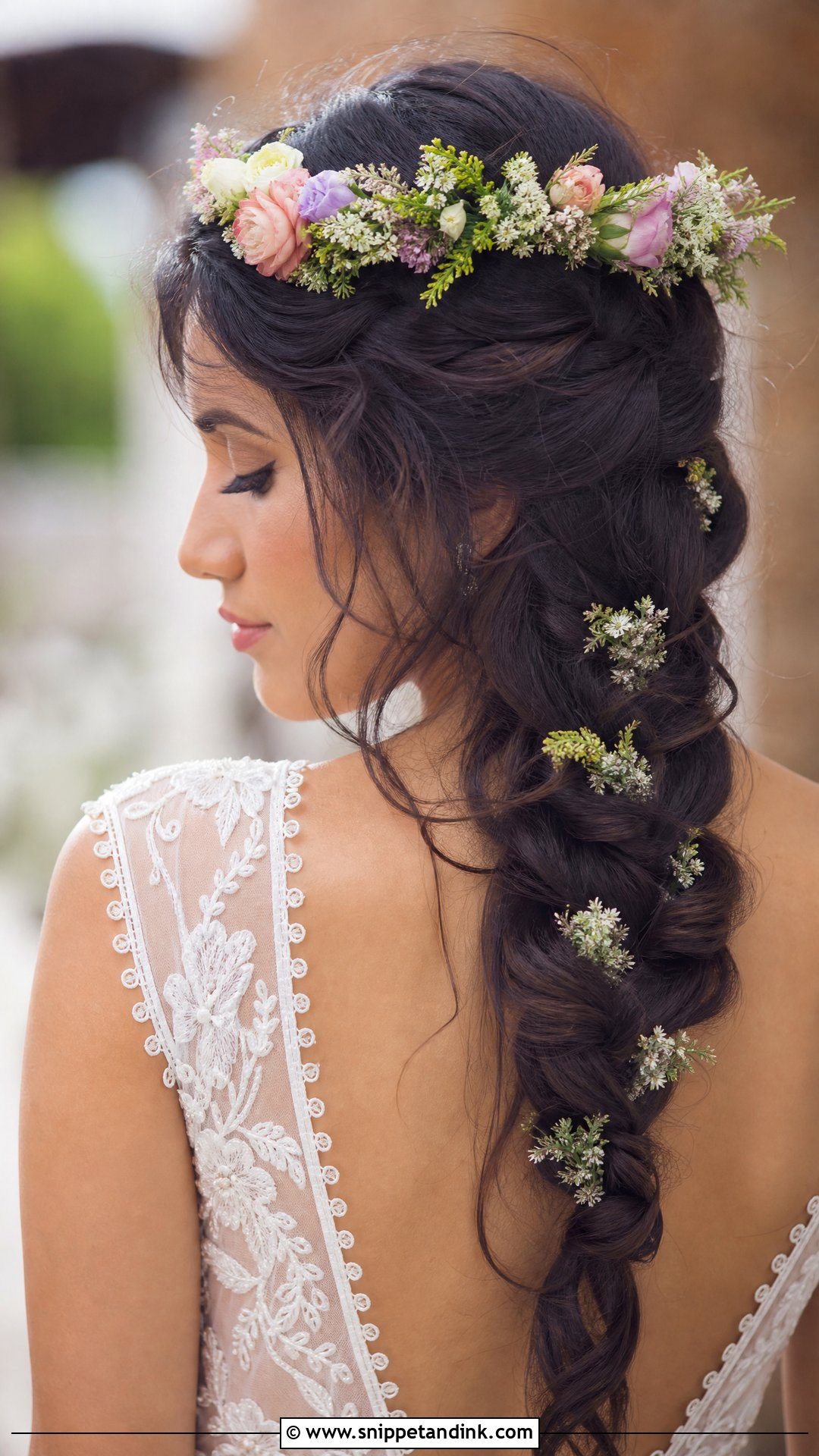 Waterfall Braid With Flower Crown - Snippet and Ink - 20 Waterfall Braid Wedding Hair Ideas