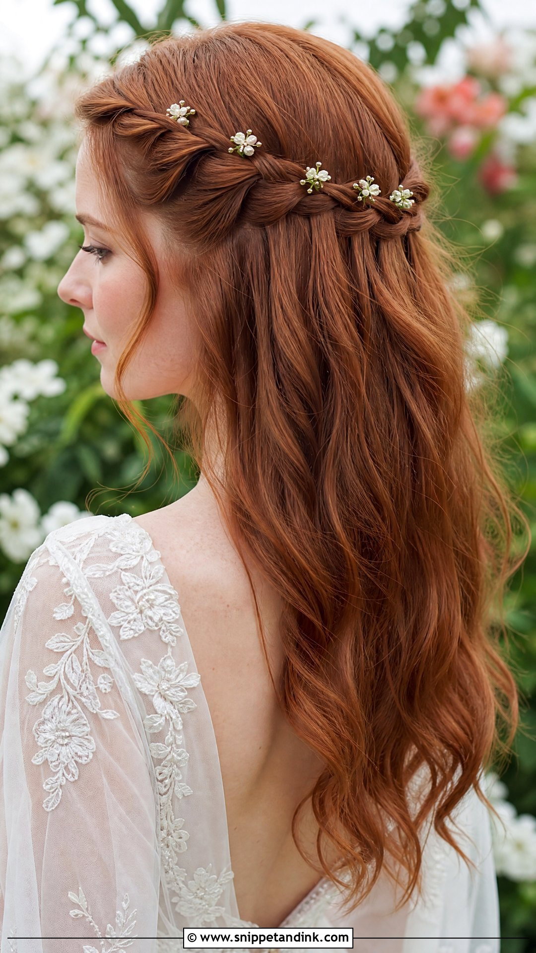 Waterfall Braid With Flower Hair Pins - Snippet and Ink - 15 Flower Hair Pins Wedding Ideas