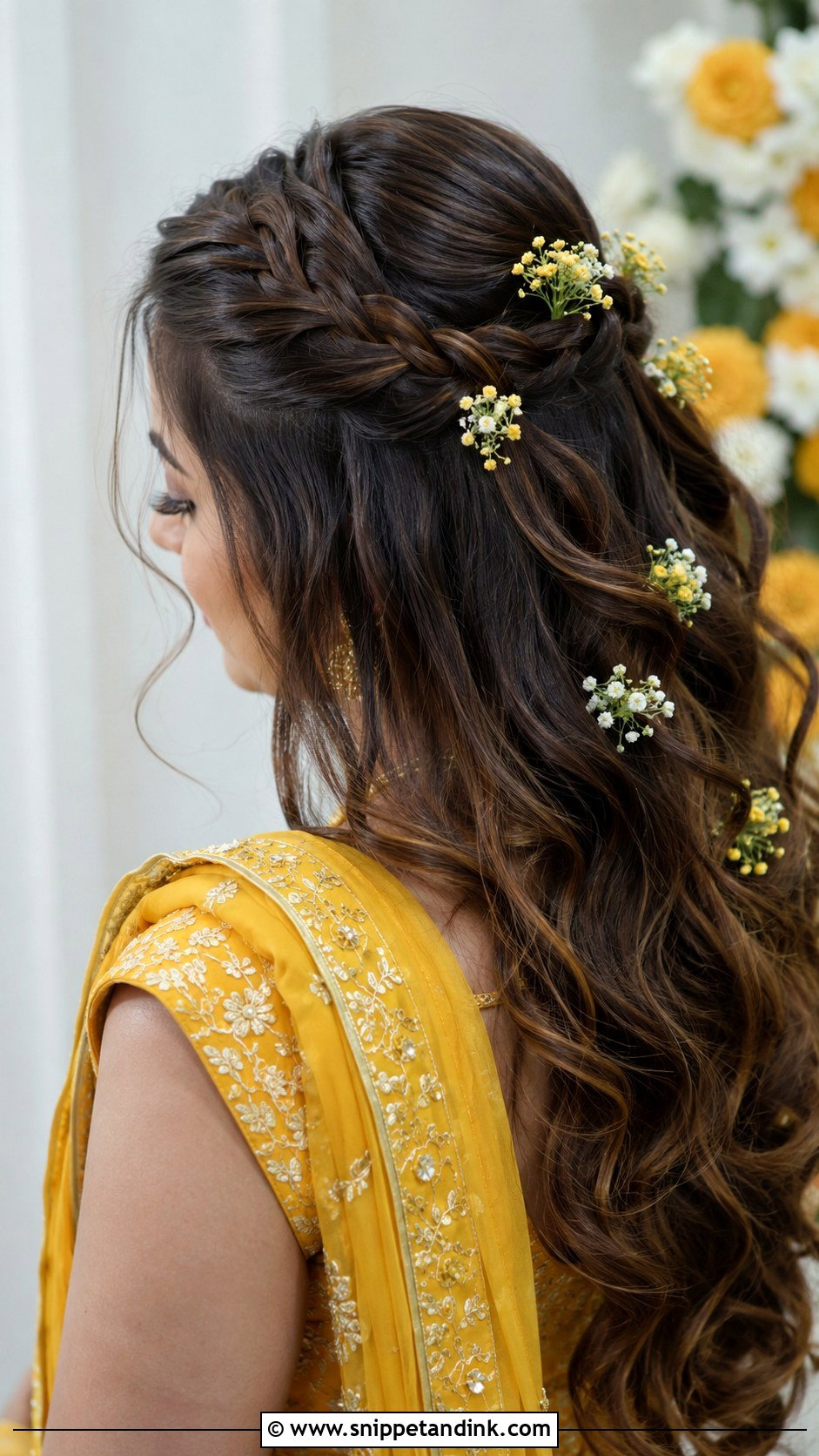 Waterfall Braid With Flowers - Snippet and Ink - 25 Haldi Ceremony Hairstyle for Bride Ideas