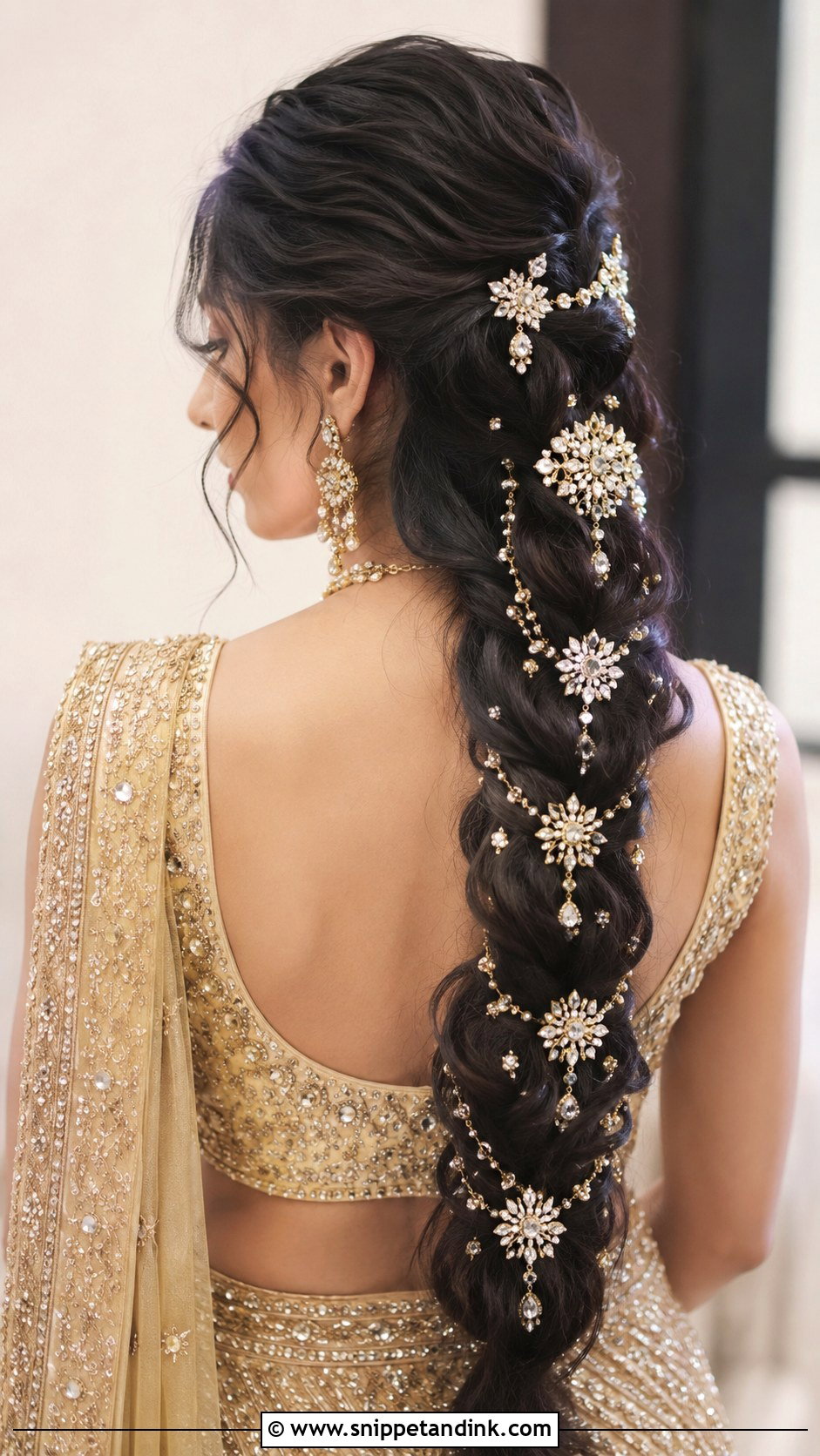 Waterfall Braid With Jeweled Accessories - Snippet and Ink - 20 Indian Wedding Waterfall Hairstyle Ideas