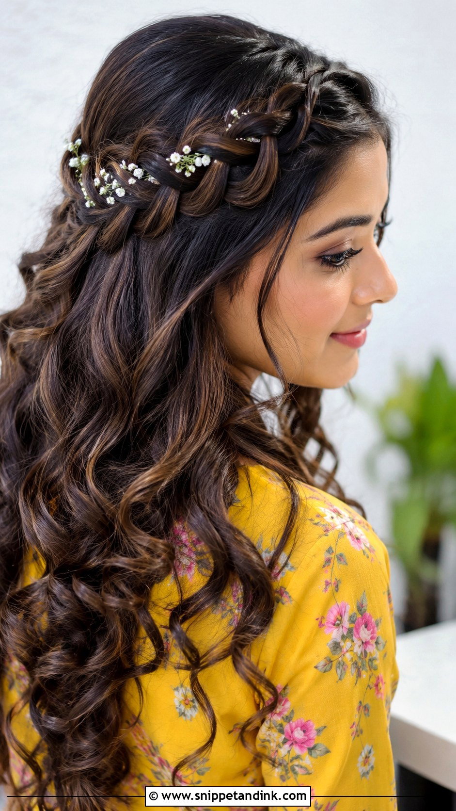 Waterfall Braid With Loose Curls - Snippet and Ink - 20 Haldi Braid Hairstyles for Bride