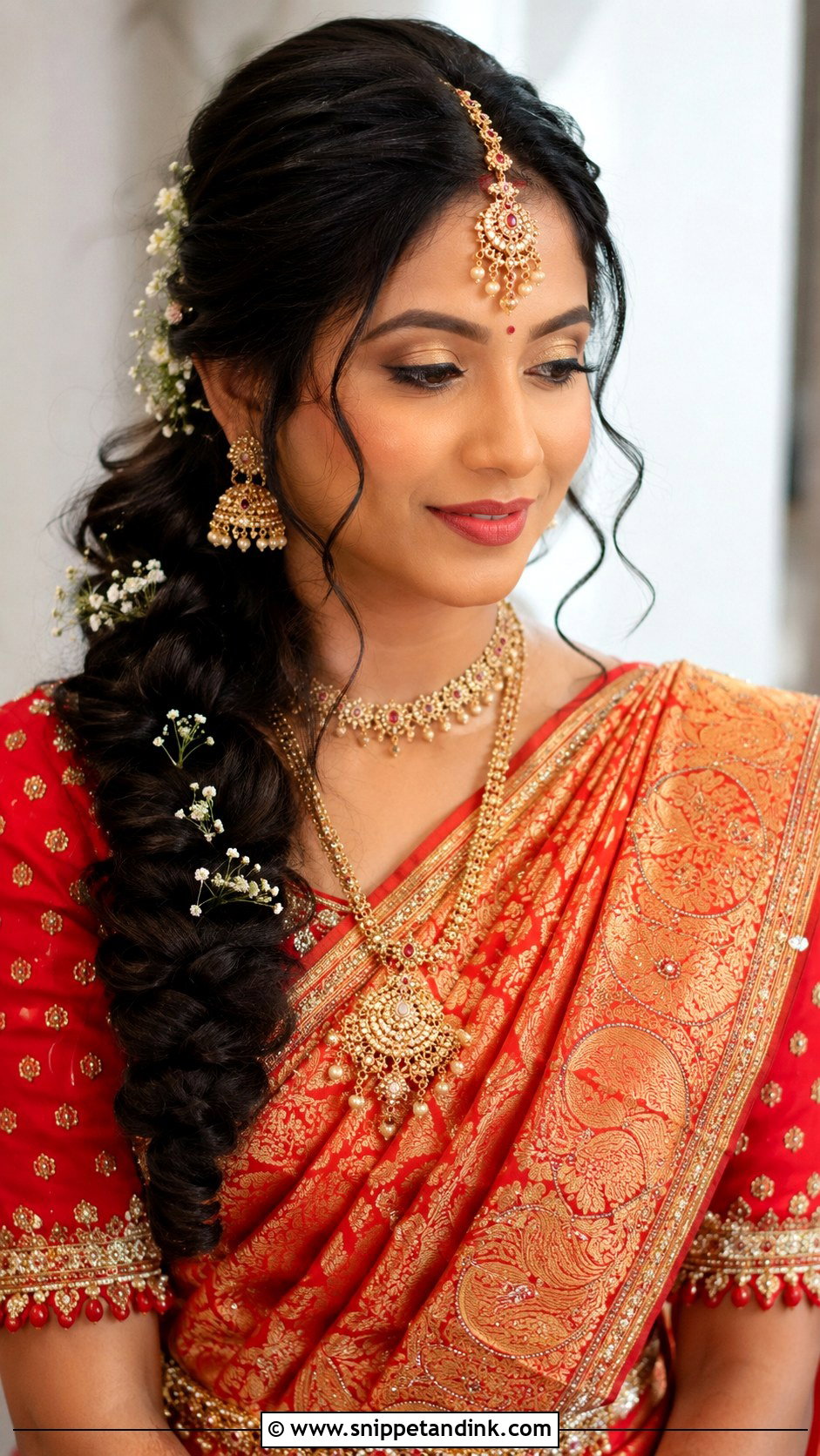 Waterfall Braid With Maang Tikka - Snippet and Ink - 20 Indian Wedding Waterfall Hairstyle Ideas