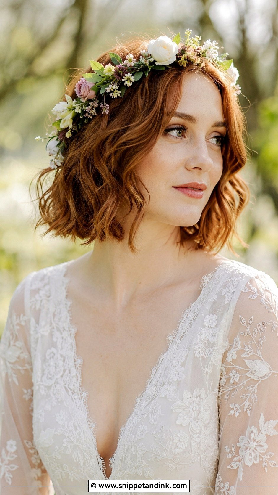 Wavy Bob With Floral Crown - Snippet and Ink - 20 Bob Bridal Hair Ideas