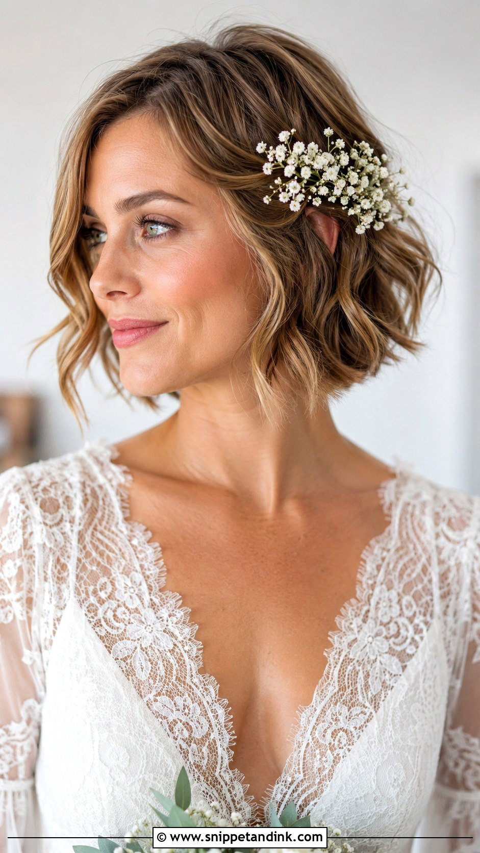 Wavy Bob With Flowers - Snippet and Ink - 30 Short Hair Bride Ideas