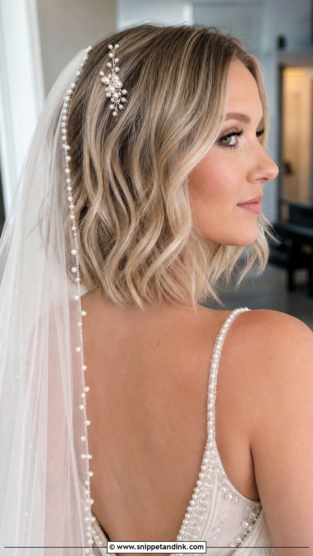 Wavy Bob With Pearl Veil - Snippet and Ink - 20 Short Veil Hairstyles
