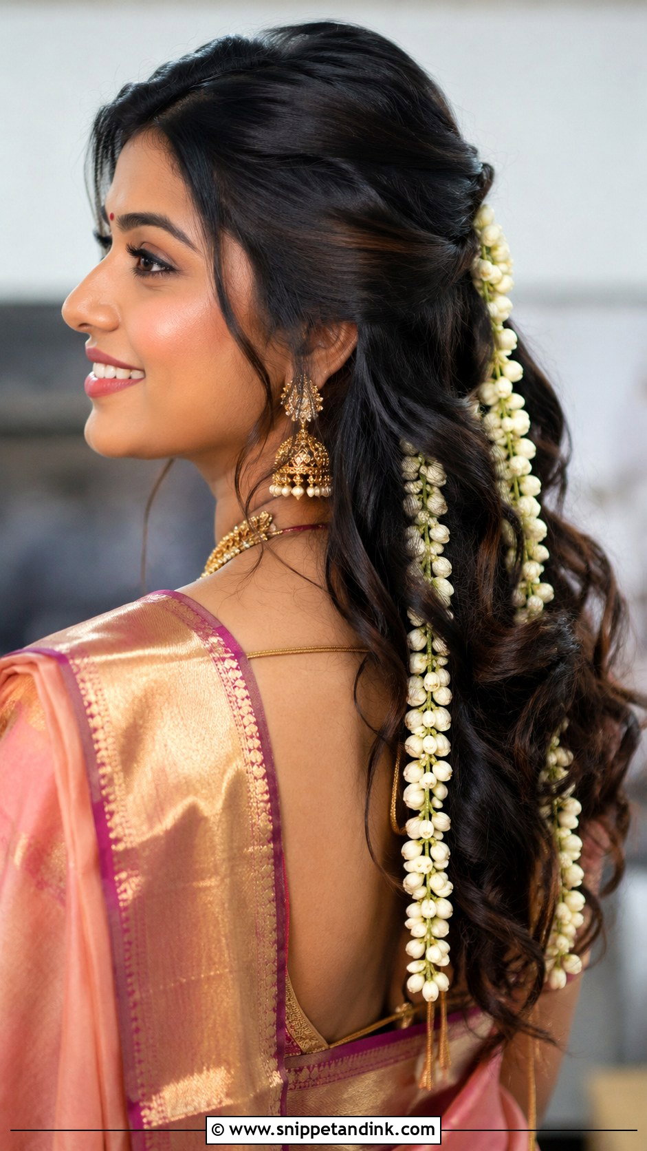 Wavy Curls With Mogra Strings - Snippet and Ink - 25 Indian Wedding Open Hair Hairstyles