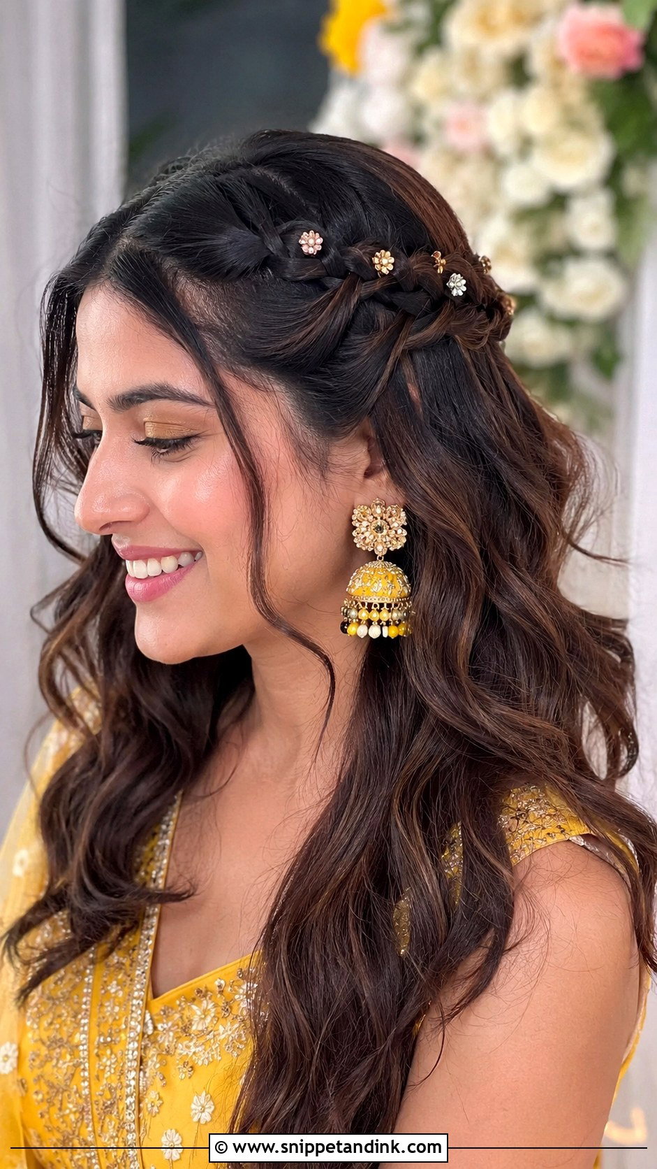 Wavy Curls With Side Braid - Snippet and Ink - 25 Short Hairstyle Women Indian Wedding Ideas