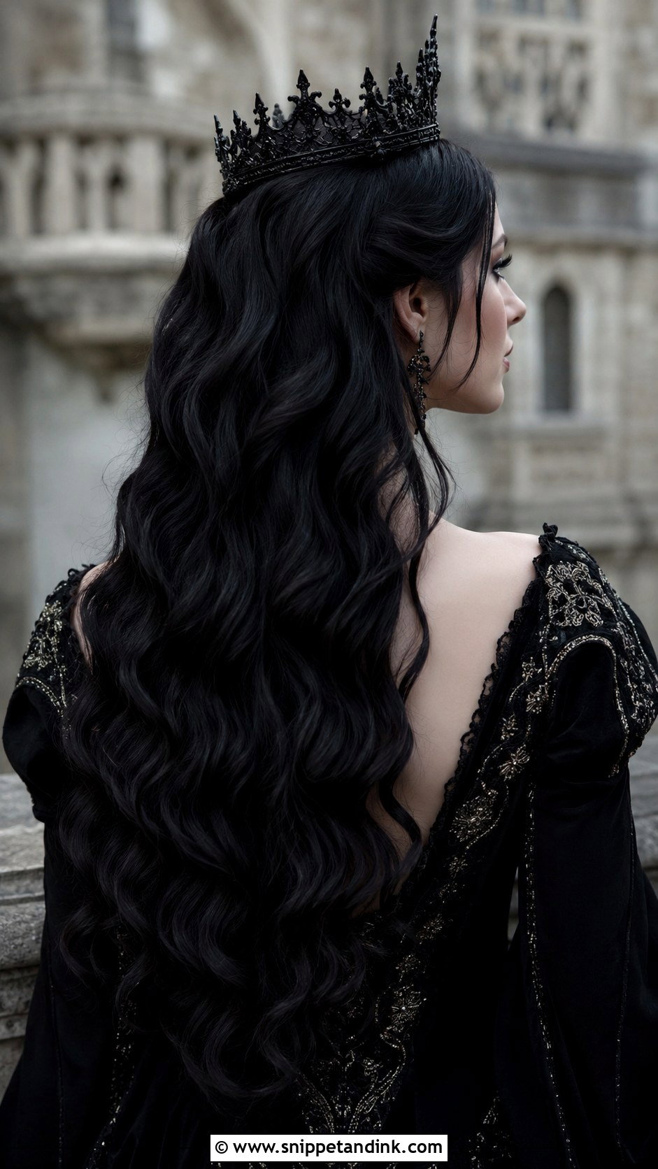 Wavy Hair With Black Crown Accessory - Snippet and Ink - 25 Goth Wedding Hair Ideas
