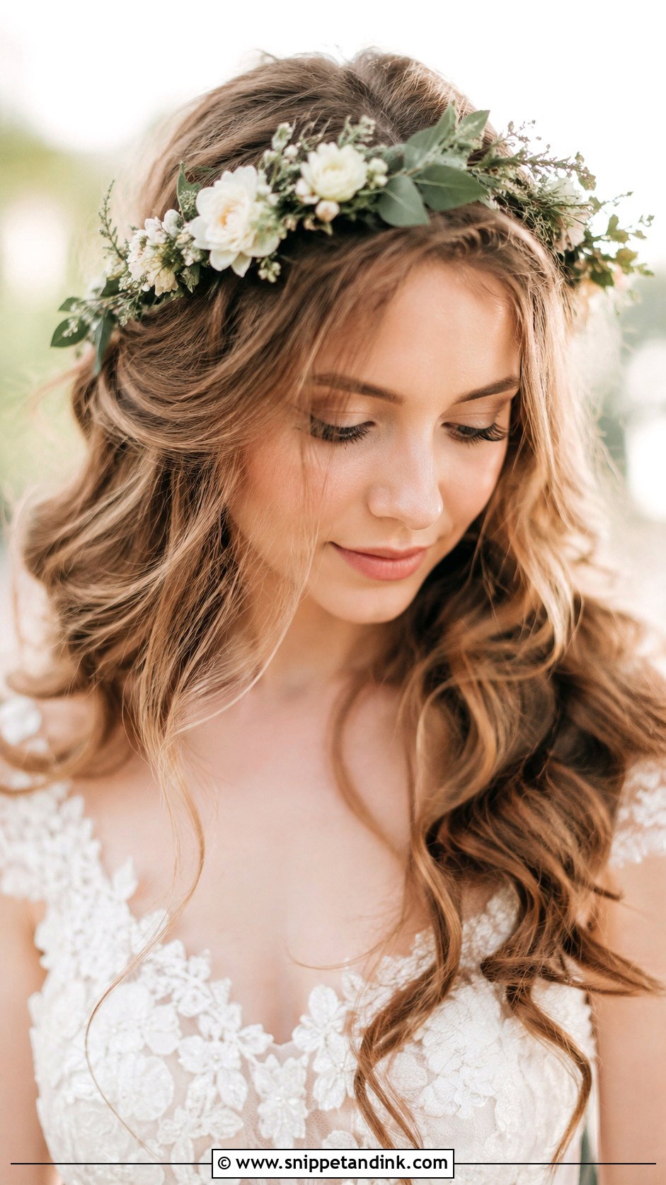 Wavy Hair With Floral Crown for Wedding - Snippet and Ink - 25 Wavy Hair for Wedding Ideas