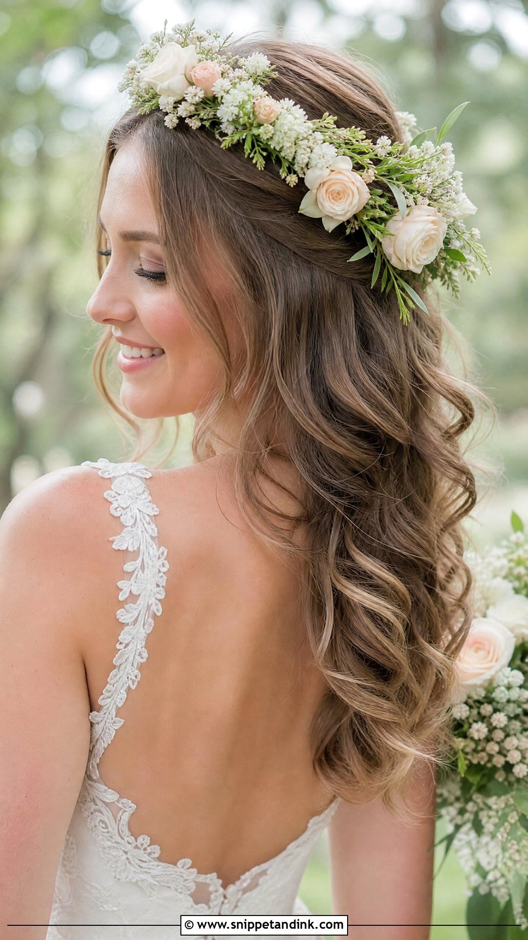 Wavy Hair With Floral Crown for Wedding - Snippet and Ink - 20 Wavy Hairstyle for Wedding Ideas