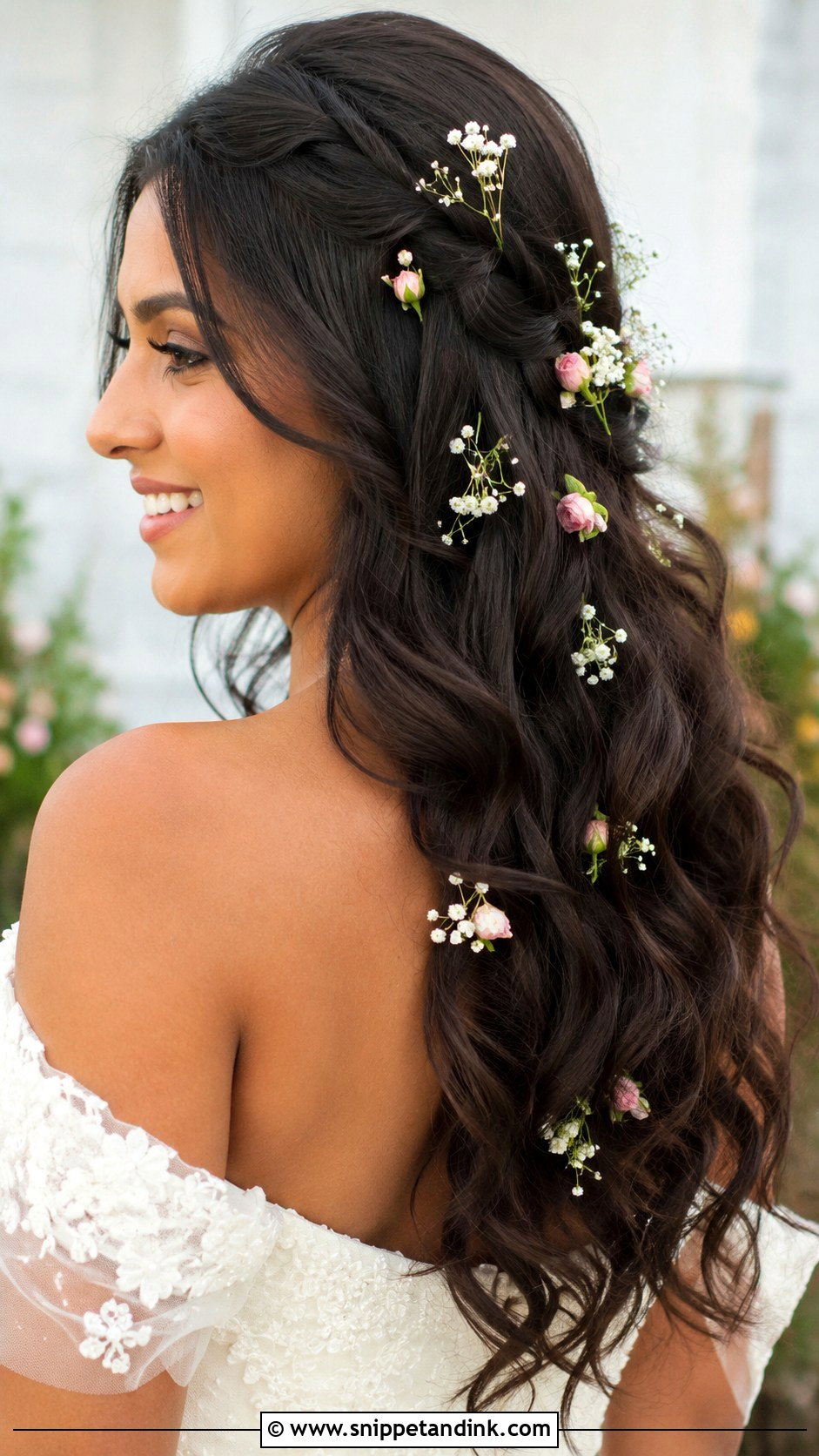 Wavy Hair With Floral Hairpins - Snippet and Ink - 20 Long Wavy Wedding Hair Ideas