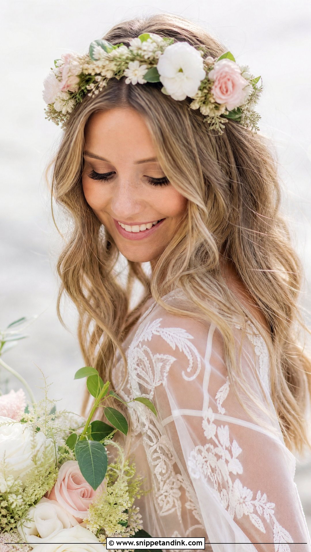 Wavy Hair With Floral Halo - Snippet and Ink - 20 70s Wedding Hair Ideas