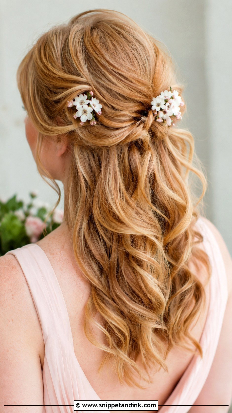Wavy Hair With Floral Pins Bridesmaid Hair - Snippet and Ink - 20 Wavy Hair Bridesmaid Ideas