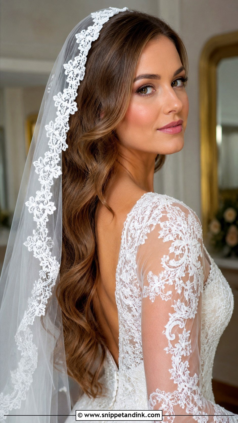 Wavy Hair With Lace Cathedral Veil - Snippet and Ink - 25 Hair Down with Veil Ideas