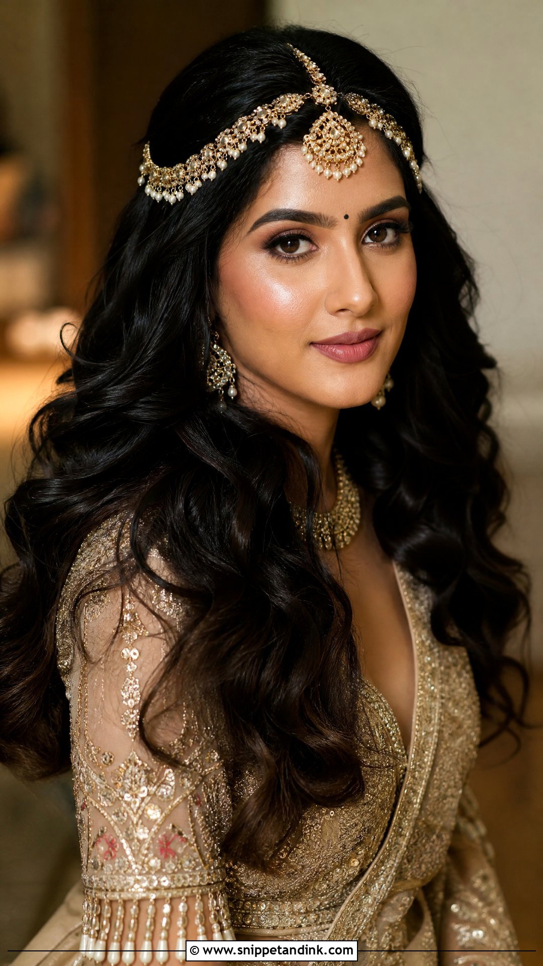Wavy Hair With Matha Patti - Snippet and Ink - 30 Sangeet Hairstyles for Bride