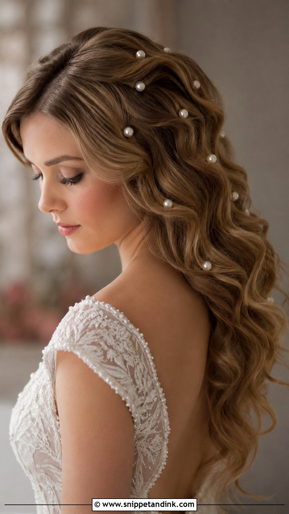 Wavy Hair With Pearl Accessories - Snippet and Ink - 25 Open Hair Bridal Look Ideas