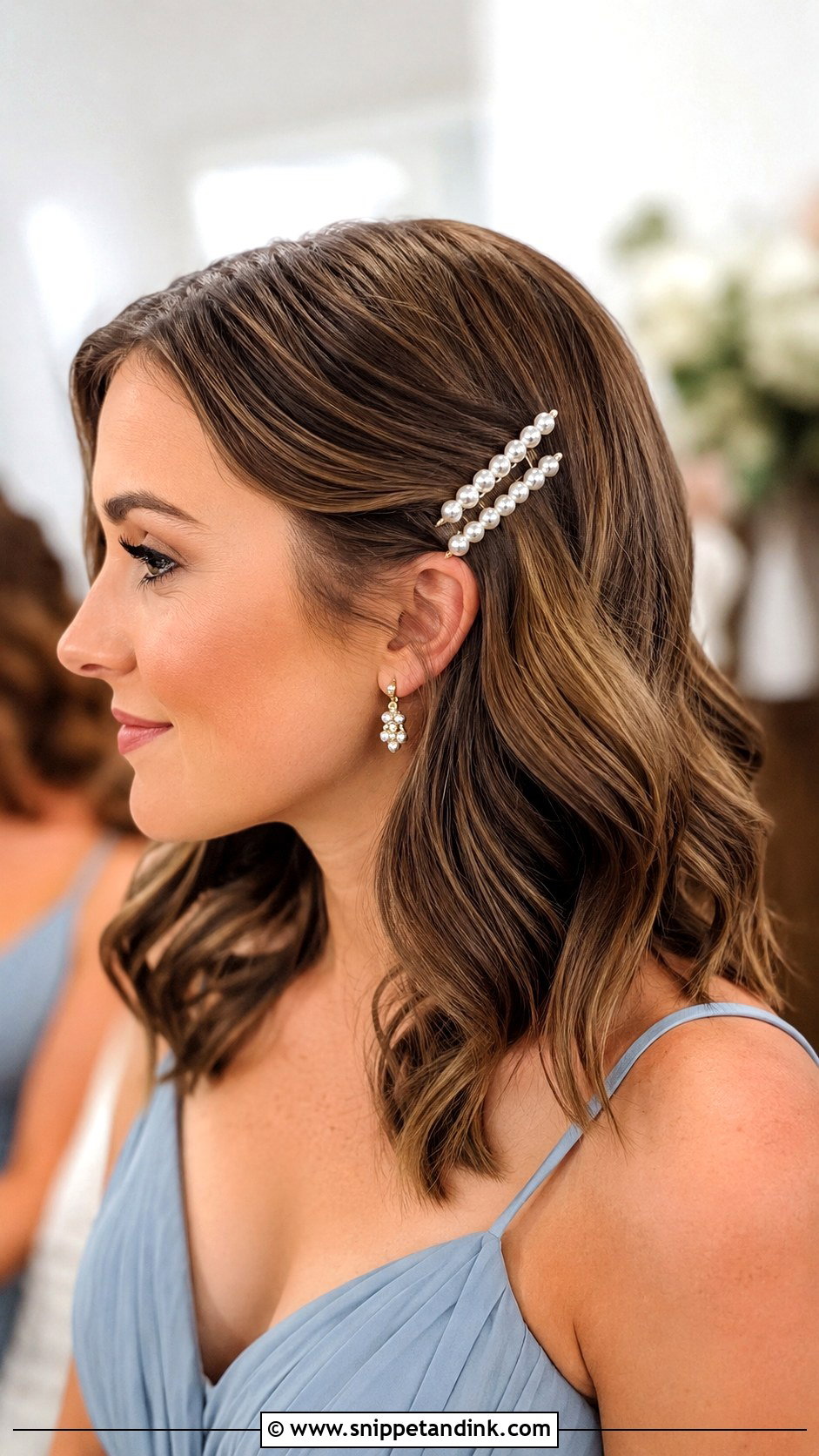 Wavy Hair With Pearl Clips Bridesmaid Hair - Snippet and Ink - 20 Wavy Hair Bridesmaid Ideas