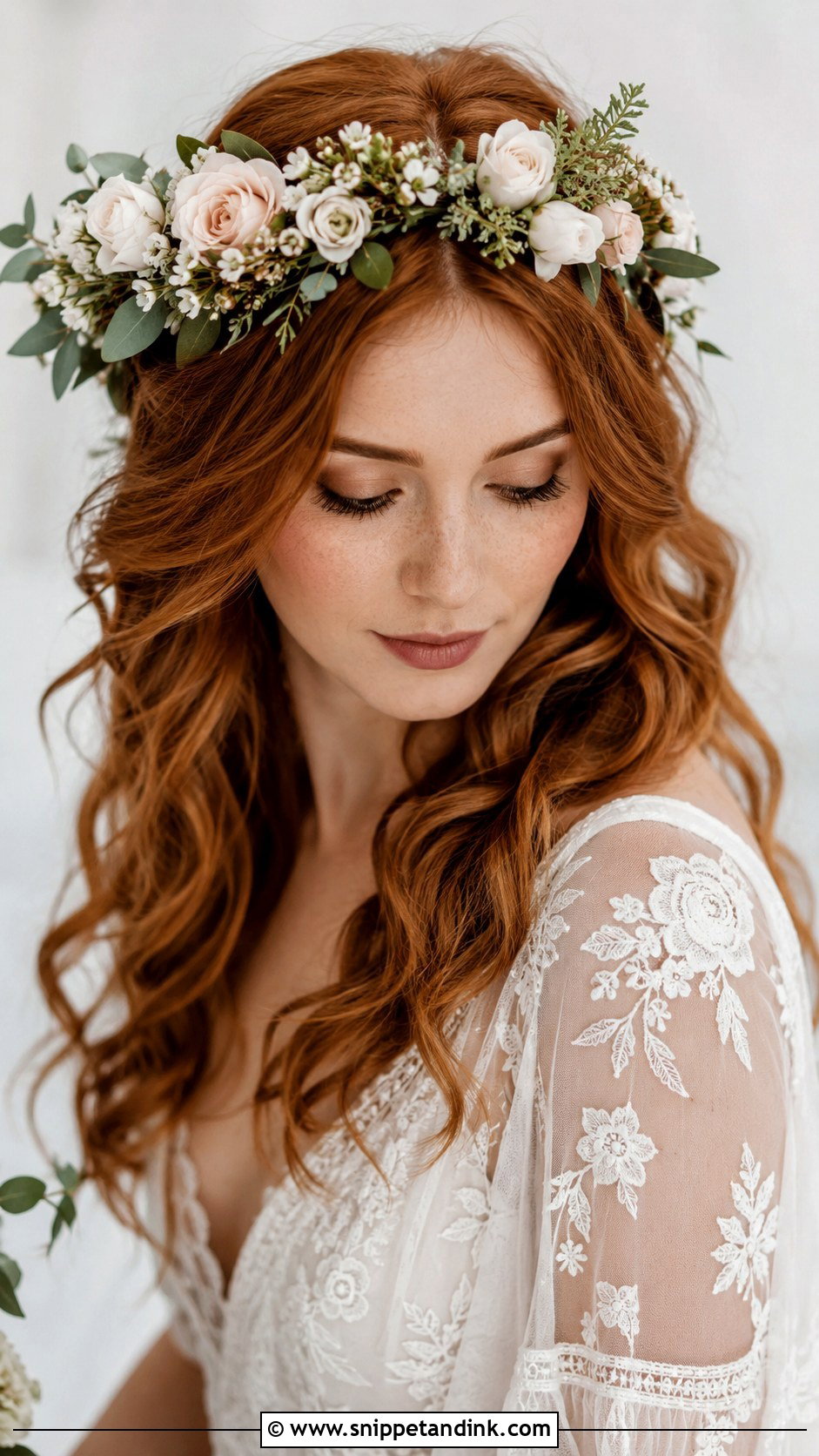 Wavy Hair With a Floral Crown - Snippet and Ink - 20 Wedding Hairstyle Down Ideas