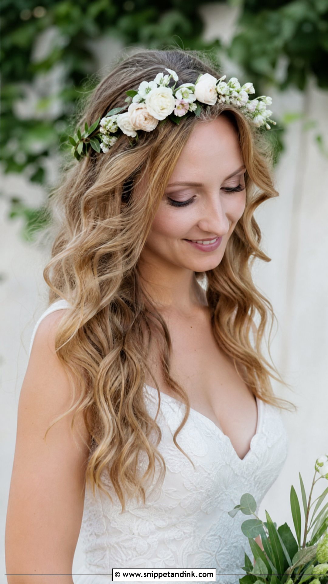 Wavy Hair With a Flower Crown - Snippet and Ink - 20 All Down Wedding Hair Ideas