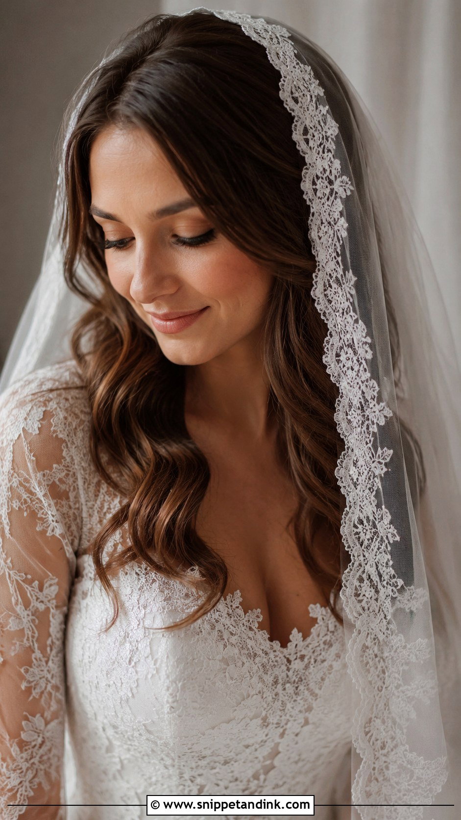 Wavy Hair With a Lace Trim Veil - Snippet and Ink - 25 Veil Hair Down Ideas