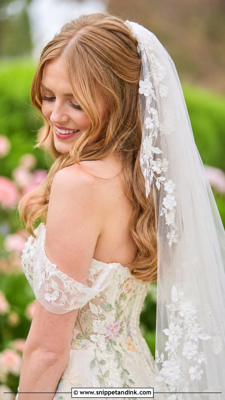 Wavy Hair with Floral Cathedral Veil - Snippet and Ink - 25 Cathedral Veil with Hair Down Ideas