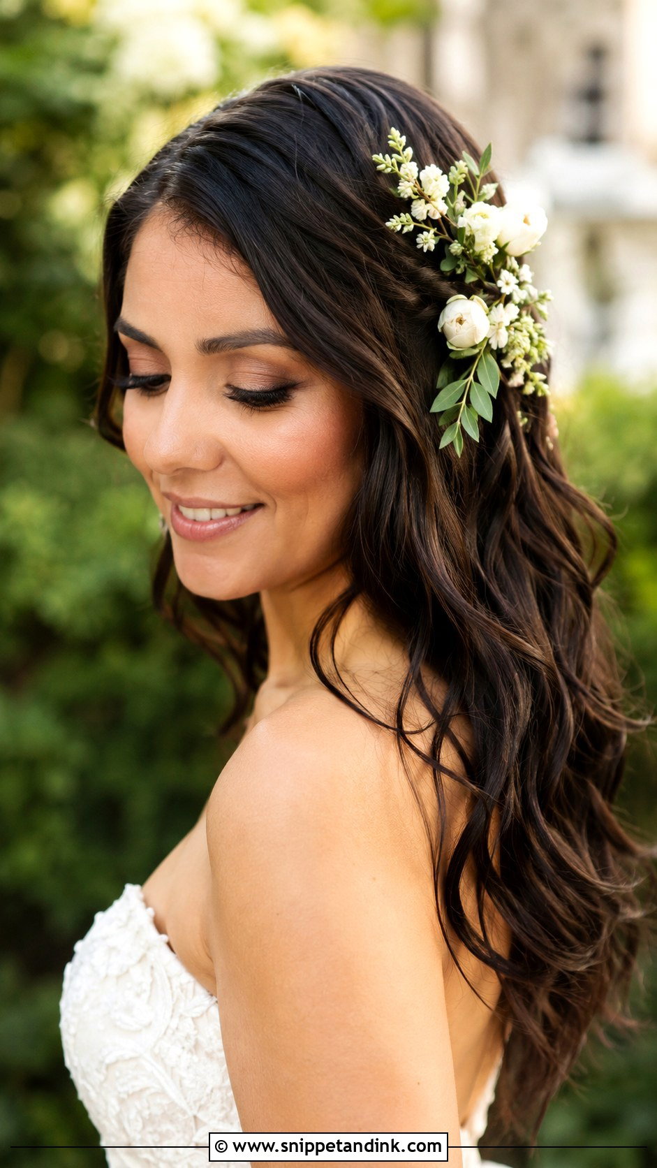 Wavy Hair with Floral Hairpiece - Snippet and Ink - 25 Bride Hairstyles Down